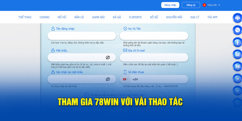 Tham gia 78WIN với vài thao tác